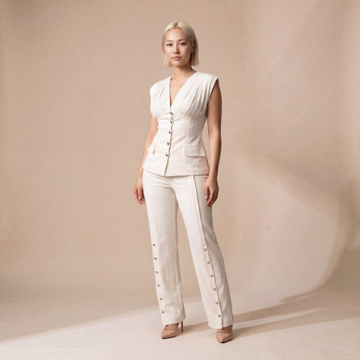 Sunoire 2 pieces outfit deep v neck sleeveless ruched button front flap detail backless cinched waist top and button decor seam front wide leg pants set three quarter 01
