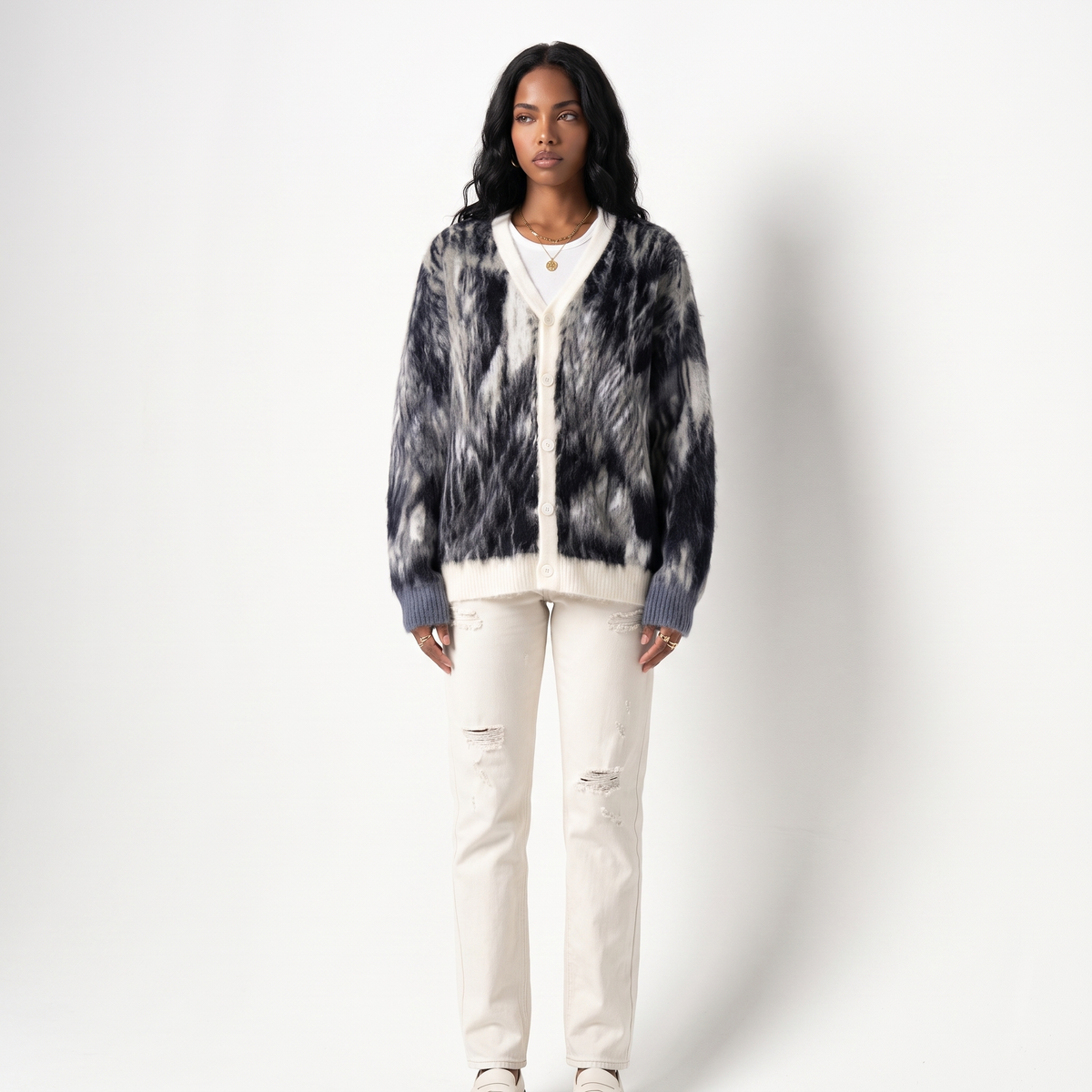 custom oem odm mohair men s thick zipper closure fuzzy knit winter cardigan sweater with long sleeves in Black & White colorway image
