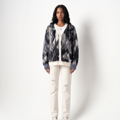 custom oem odm mohair men s thick zipper closure fuzzy knit winter cardigan sweater with long sleeves in Black & White colorway image