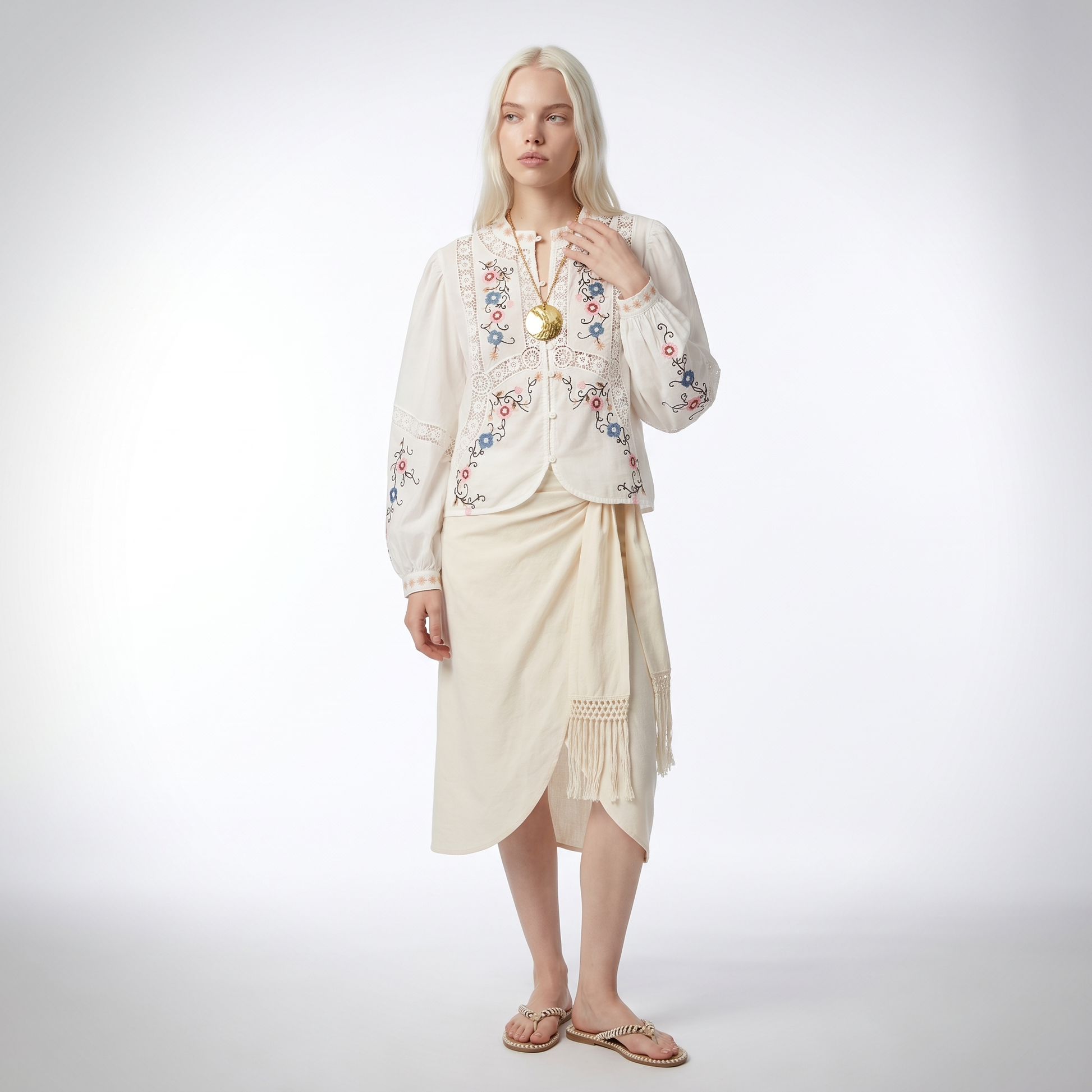Sunoire top quality women s blouse 2025 spring white yellow blouse ladies hollow out lace embroidery long sleeve cotton linen blouse front hero 01
