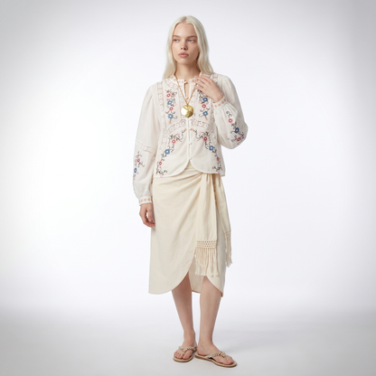 Sunoire top quality women s blouse 2025 spring white yellow blouse ladies hollow out lace embroidery long sleeve cotton linen blouse front hero 01