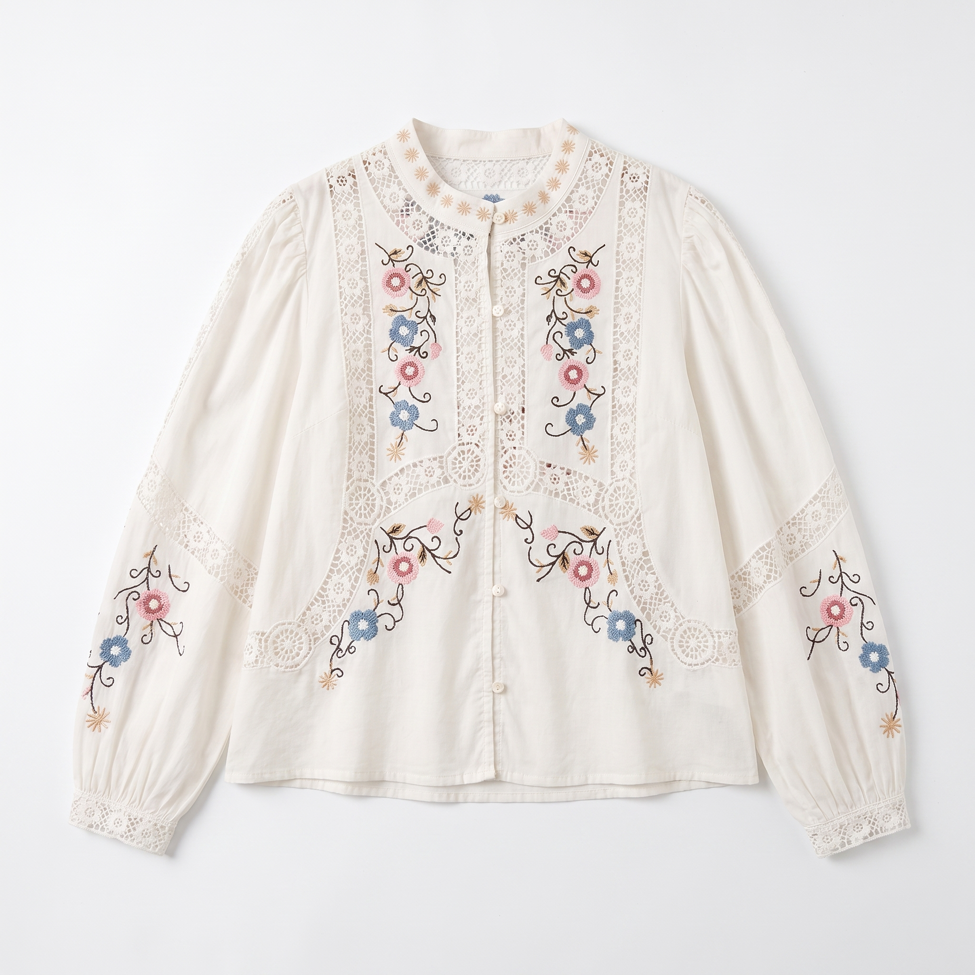 Sunoire top quality women s blouse 2025 spring white yellow blouse ladies hollow out lace embroidery long sleeve cotton linen blouse garment flatlay 01