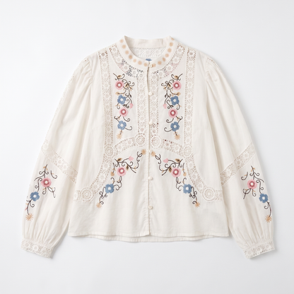 Sunoire top quality women s blouse 2025 spring white yellow blouse ladies hollow out lace embroidery long sleeve cotton linen blouse garment flatlay 01