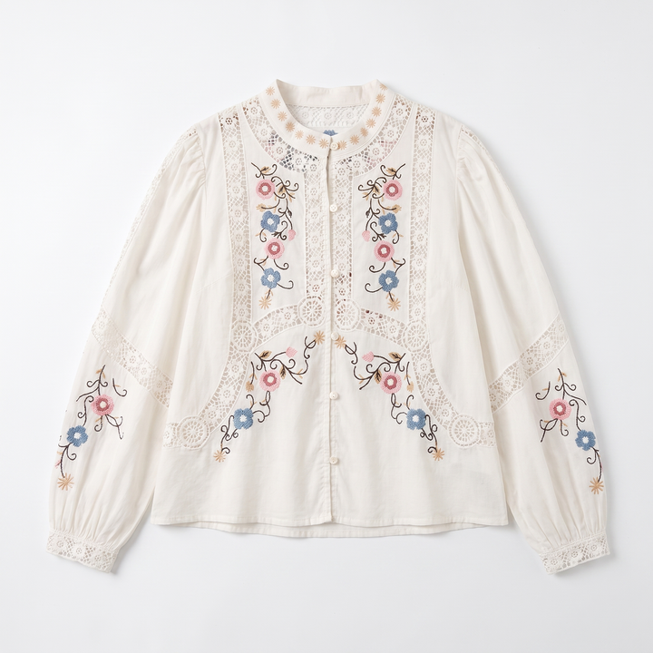 Sunoire top quality women s blouse 2025 spring white yellow blouse ladies hollow out lace embroidery long sleeve cotton linen blouse garment flatlay 01