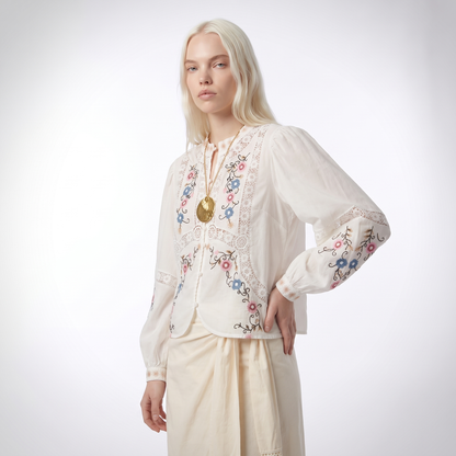 Sunoire top quality women s blouse 2025 spring white yellow blouse ladies hollow out lace embroidery long sleeve cotton linen blouse top crop 3q 01