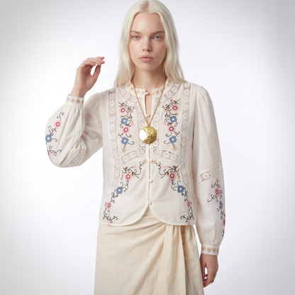 Sunoire top quality women s blouse 2025 spring white yellow blouse ladies hollow out lace embroidery long sleeve cotton linen blouse top front crop 01