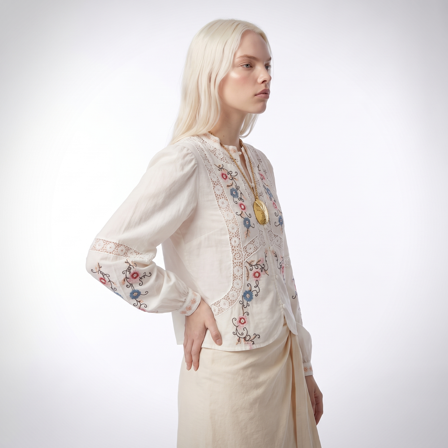 Sunoire top quality women s blouse 2025 spring white yellow blouse ladies hollow out lace embroidery long sleeve cotton linen blouse top side crop 01
