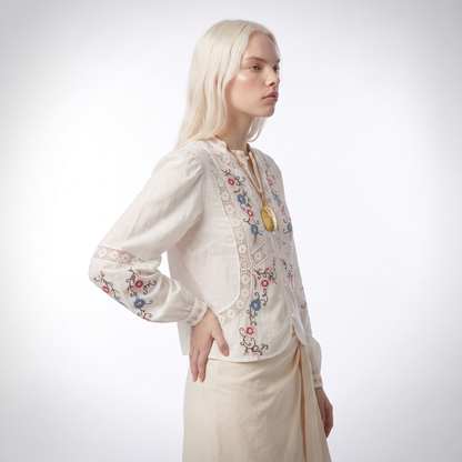 Sunoire top quality women s blouse 2025 spring white yellow blouse ladies hollow out lace embroidery long sleeve cotton linen blouse top side crop 01