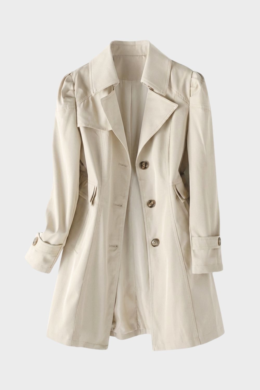 Women's Trench Coat with Notched Collar and Button Placket in Beige