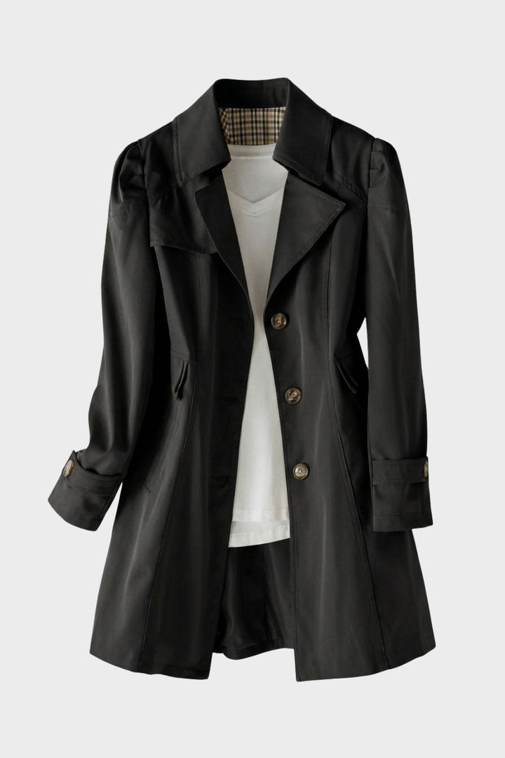 Women's Trench Coat with Notched Collar and Button Placket — Black