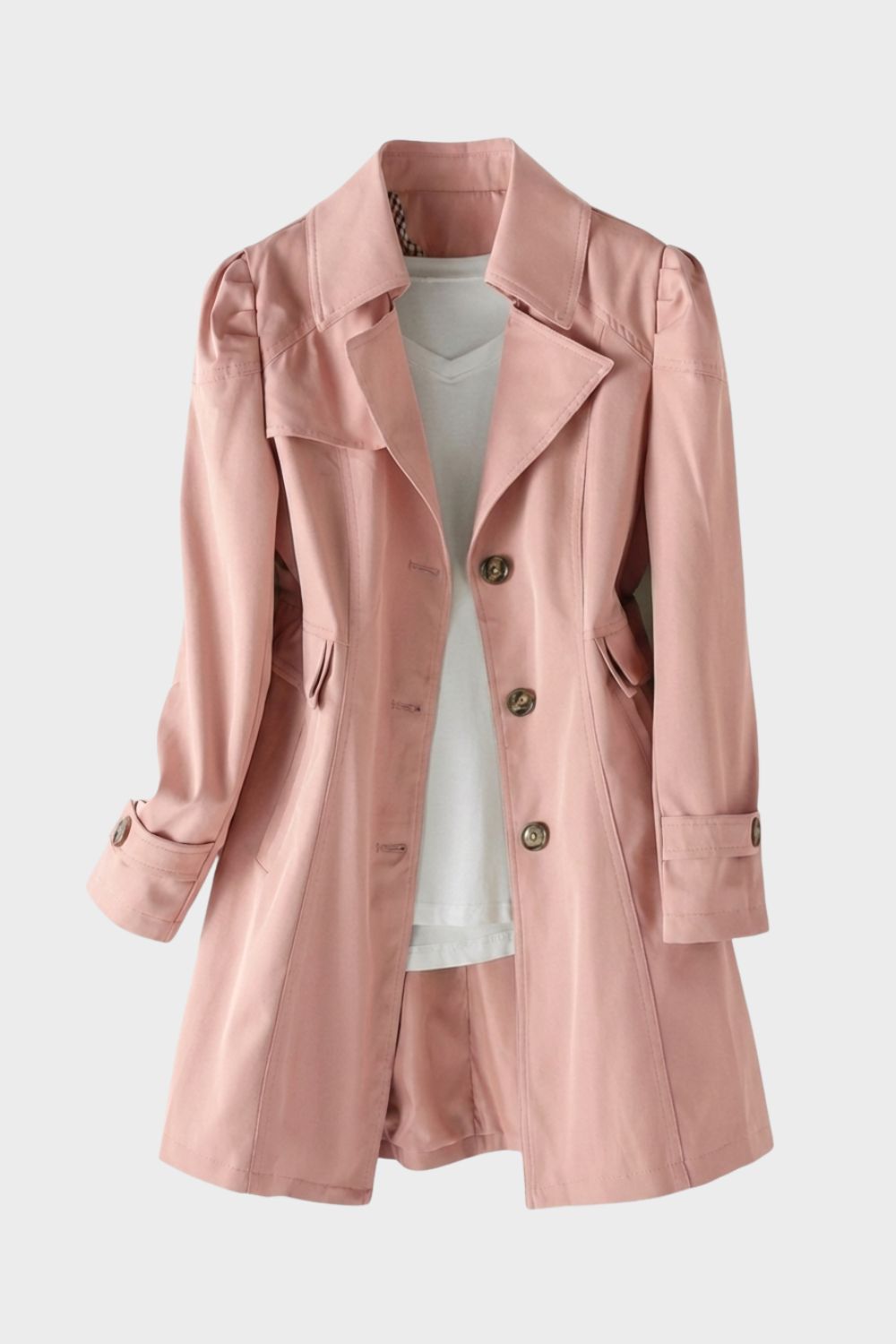 Women's Trench Coat with Notched Collar and Button Placket in Pink