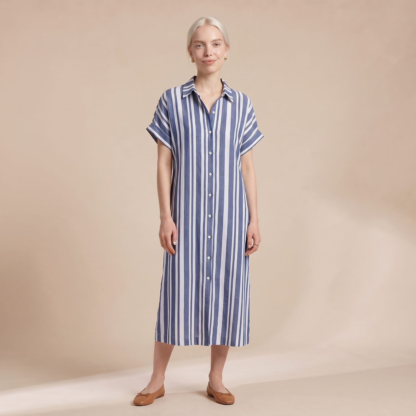 Sunoire turn down collar holiday party dress women summer striped print patchwork chic maxi dress 2026 short sleeve loose ladies dress colorway blue front hero 01