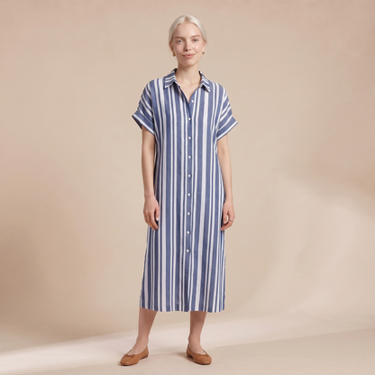Sunoire turn down collar holiday party dress women summer striped print patchwork chic maxi dress 2026 short sleeve loose ladies dress colorway blue front hero 01