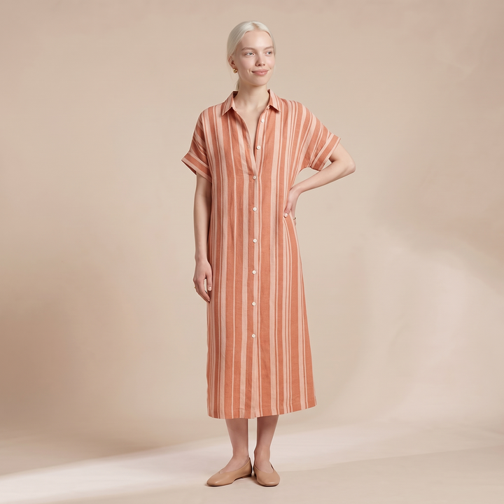 Daphne Cream Stripe V-Neck Dress — Pink