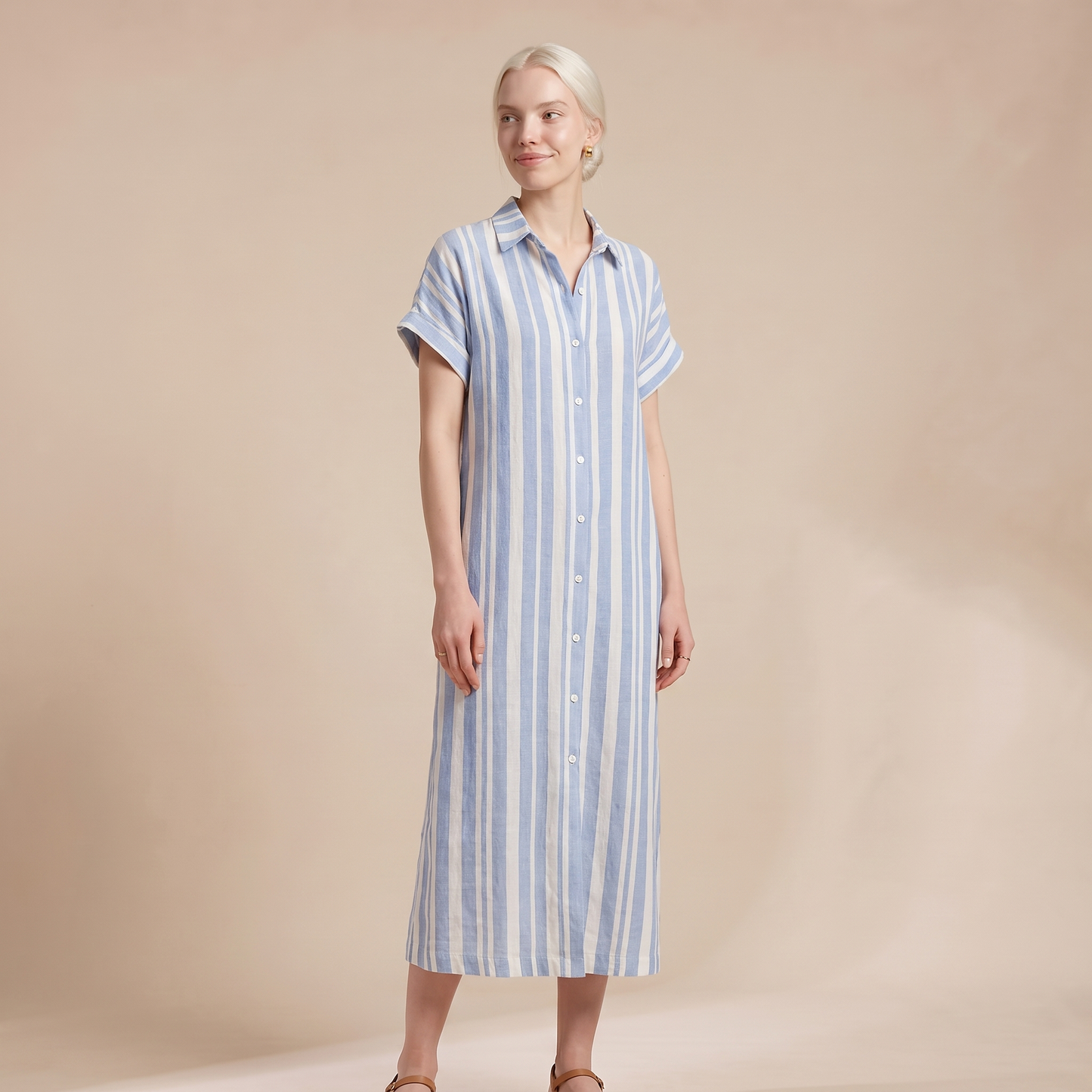 Sunoire turn down collar holiday party dress women summer striped print patchwork chic maxi dress 2026 short sleeve loose ladies dress colorway sky blue front hero 01