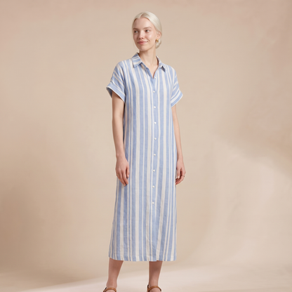 Sunoire turn down collar holiday party dress women summer striped print patchwork chic maxi dress 2026 short sleeve loose ladies dress colorway sky blue front hero 01
