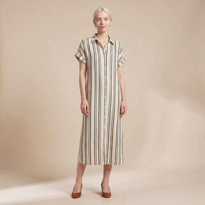 Sunoire turn down collar holiday party dress women summer striped print patchwork chic maxi dress 2026 short sleeve loose ladies dress front hero 01