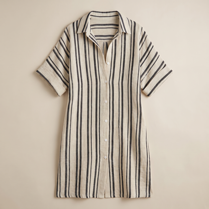 Sunoire turn down collar holiday party dress women summer striped print patchwork chic maxi dress 2026 short sleeve loose ladies dress garment flatlay 01