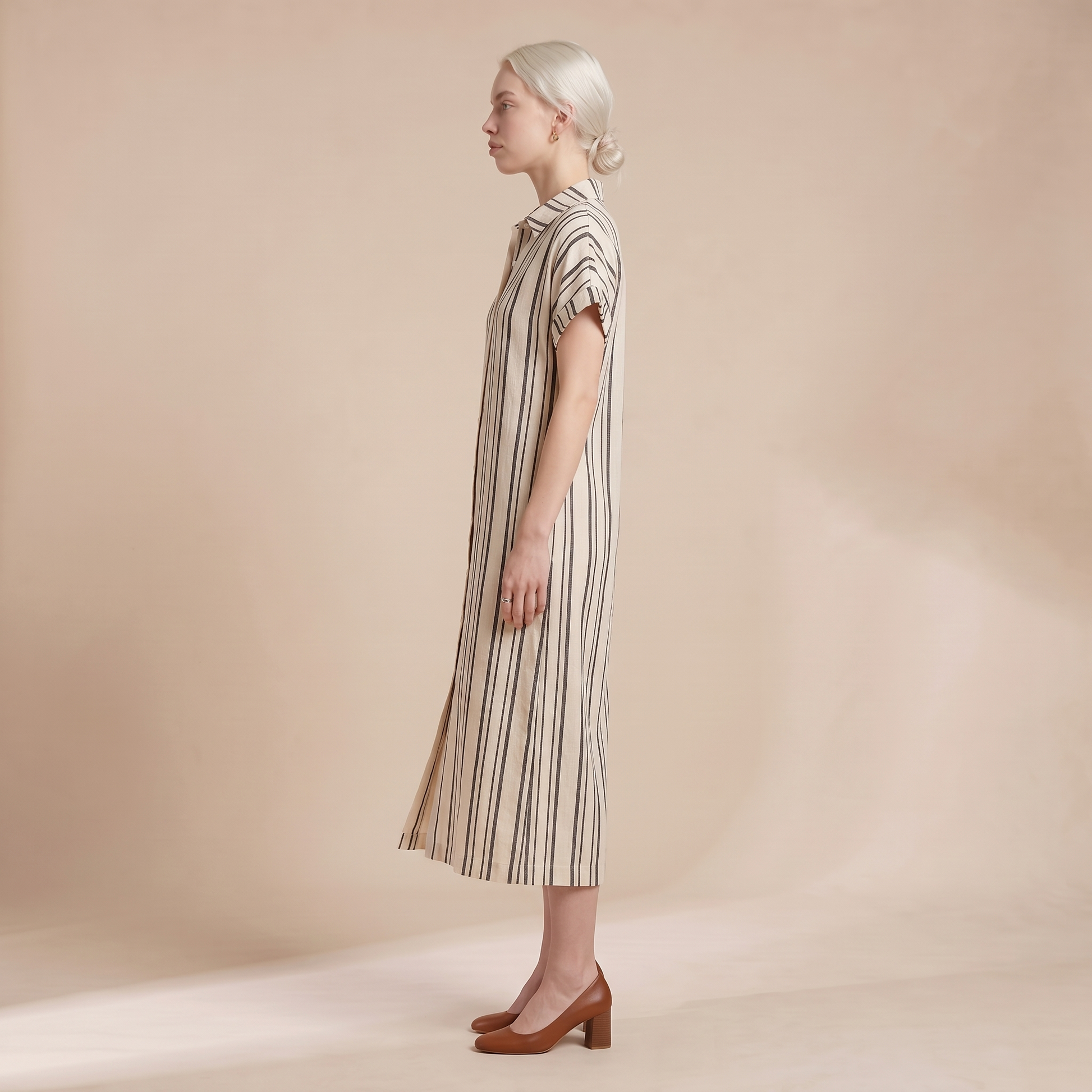 Sunoire turn down collar holiday party dress women summer striped print patchwork chic maxi dress 2026 short sleeve loose ladies dress side view 01