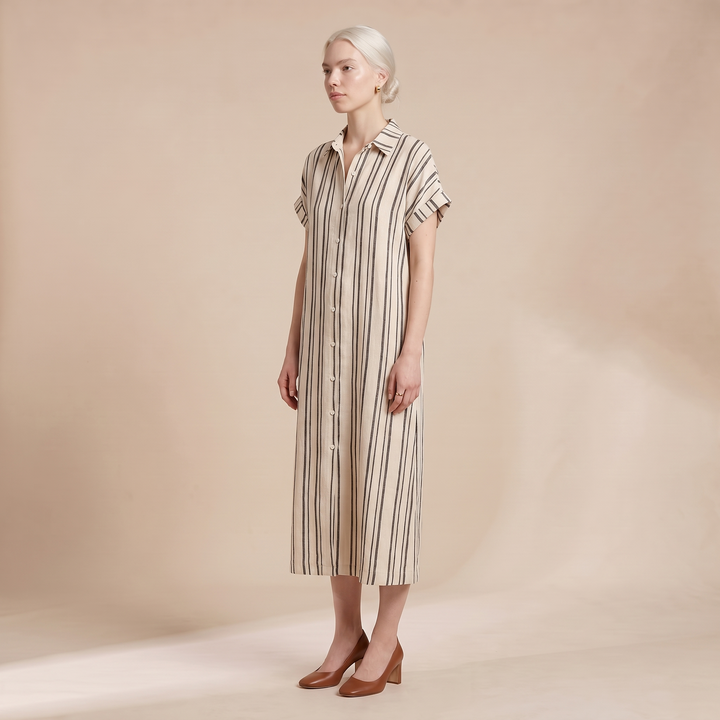 Sunoire turn down collar holiday party dress women summer striped print patchwork chic maxi dress 2026 short sleeve loose ladies dress three quarter 01