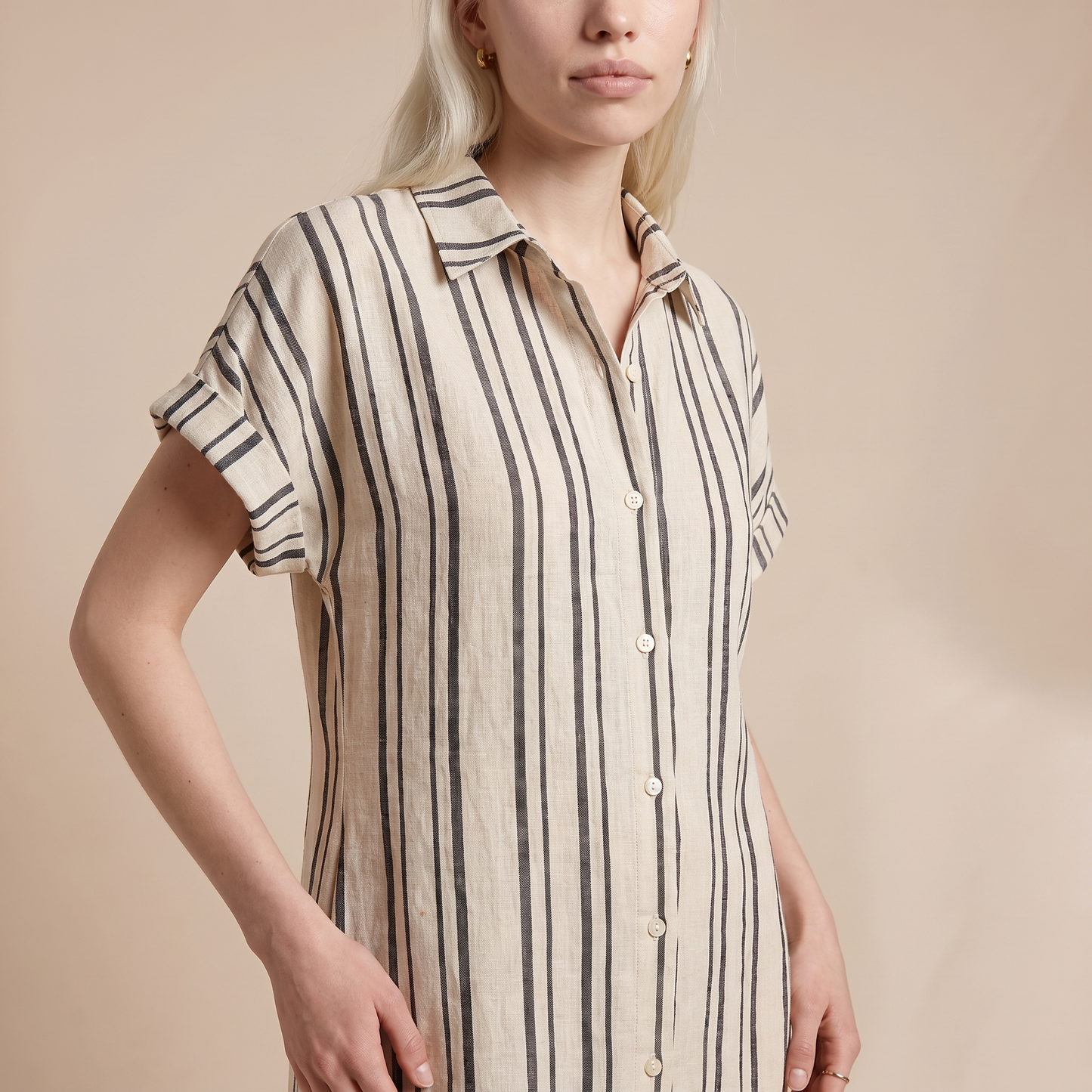 Sunoire turn down collar holiday party dress women summer striped print patchwork chic maxi dress 2026 short sleeve loose ladies dress worn detail 01