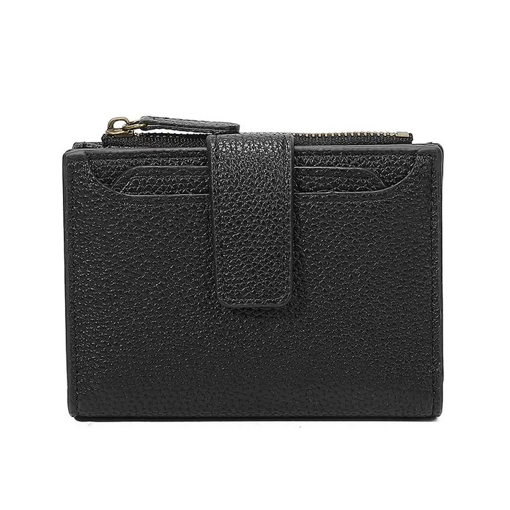 Women's Short Vegan Leather Wallet, Pink Zip Coin Pocket RFID Card Holder — Black