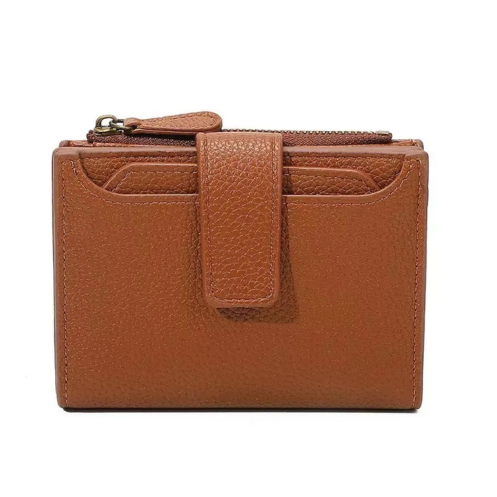 Women's Short Vegan Leather Wallet, Pink Zip Coin Pocket RFID Card Holder — Brown
