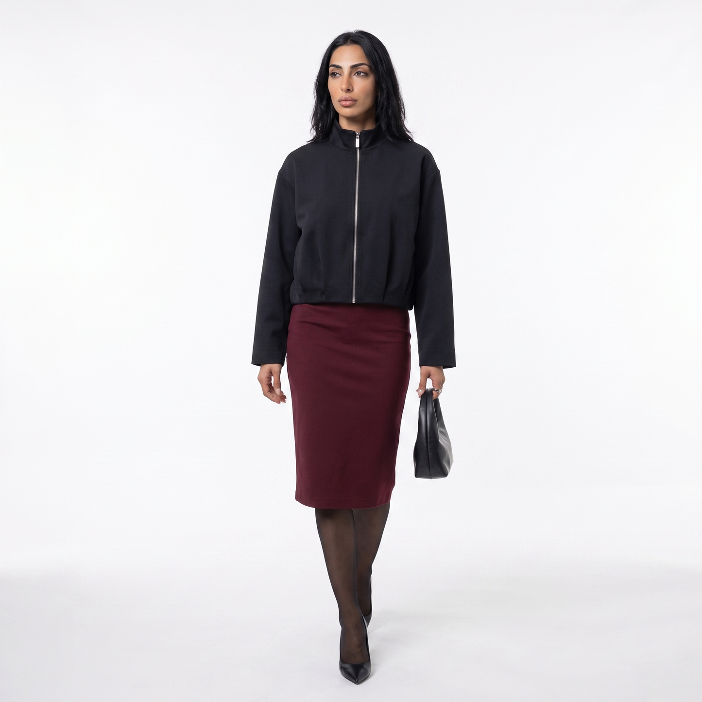 Sunoire unizera women s early autumn 2026 new long sleeve stand collar zip up bomber jacket style 12701 colorway black front hero 01