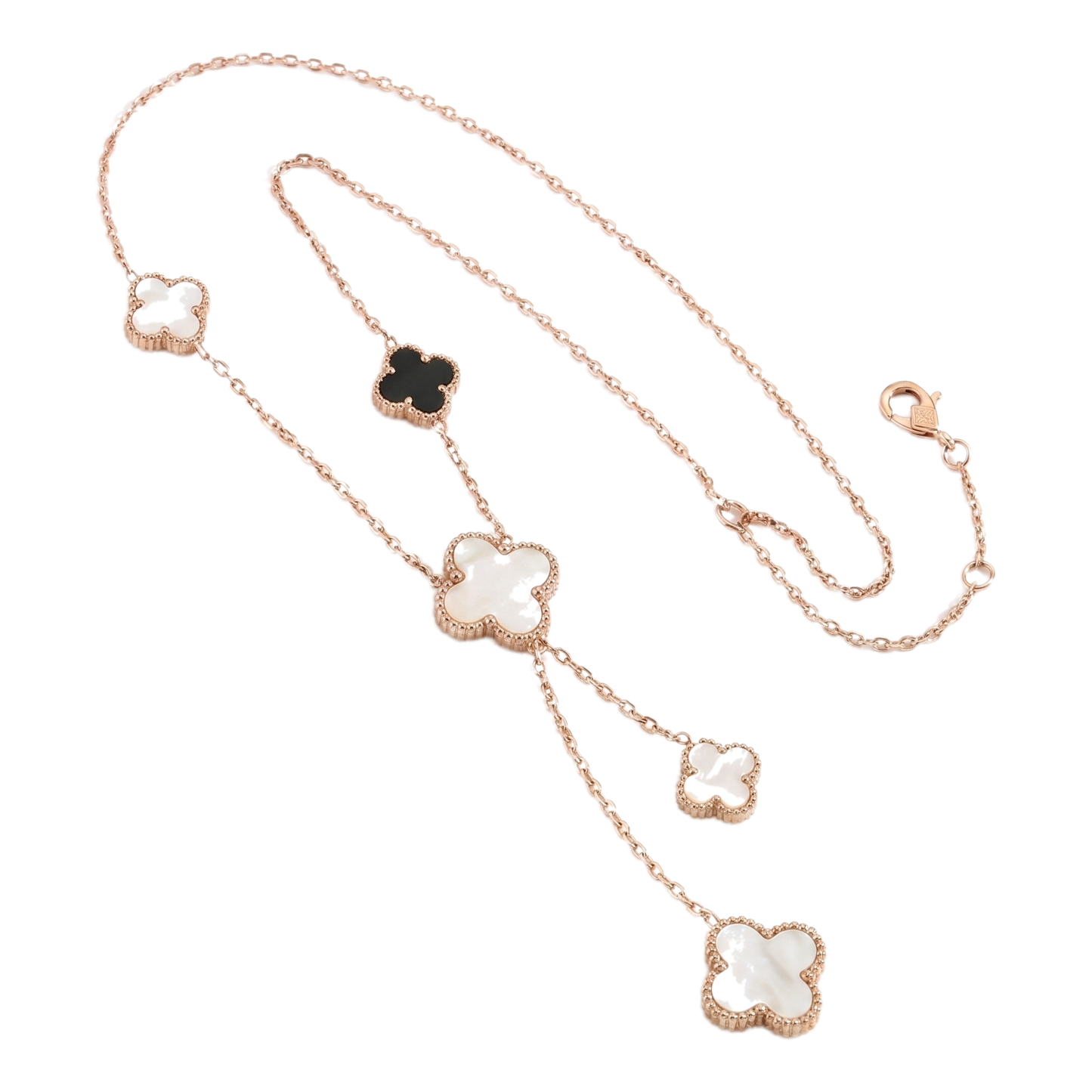 Sunoire premium 316l stainless steel four leaf clover jewelry set trendy women s gift 08 flatlay rose gold black and white clover
