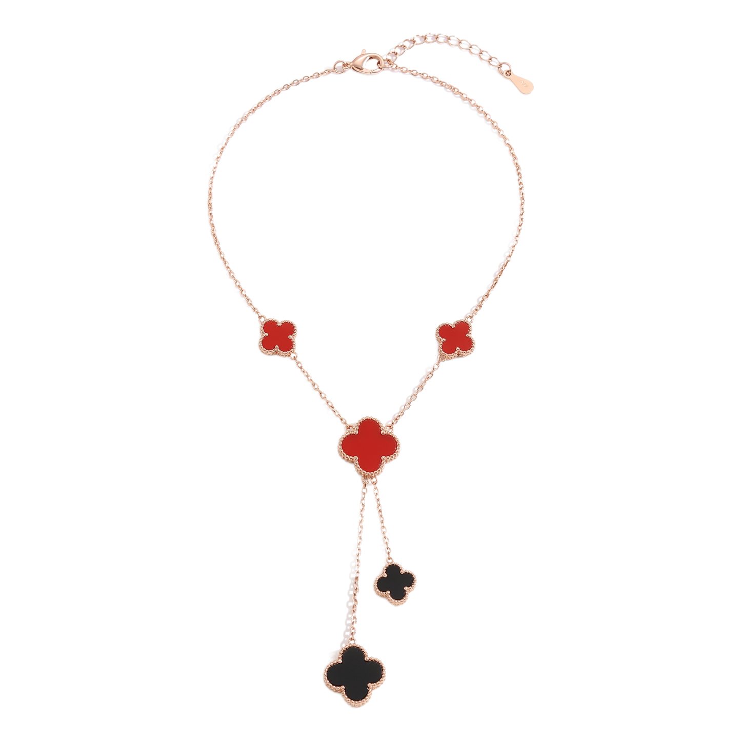 Sunoire premium 316l stainless steel four leaf clover jewelry set trendy women s gift 09 flatlay rose gold black and red clover