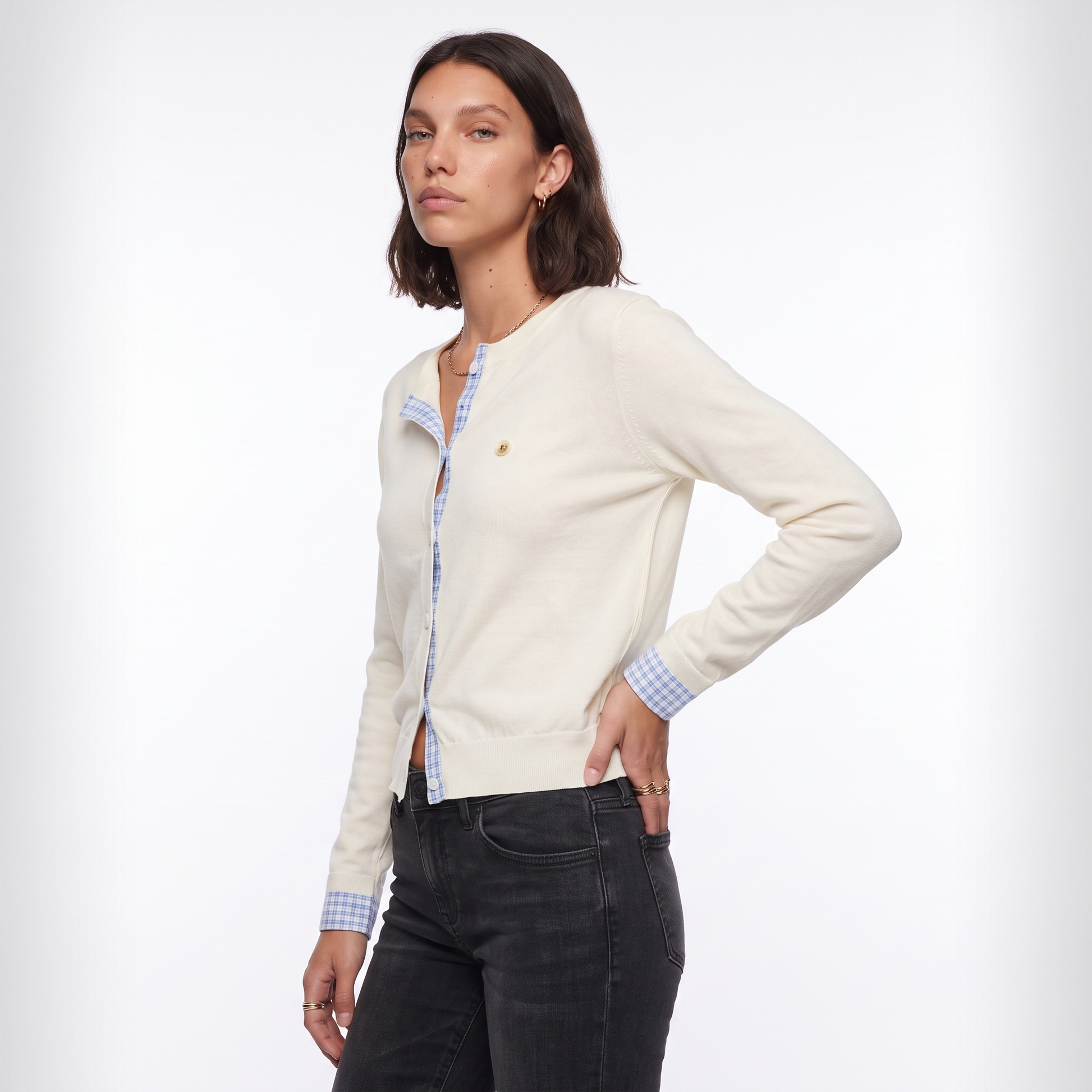 Sunoire vega chang white crew neck blue plaid contrast placket cuff knit cardigan for women fake two piece design small embroidery top crop 3q 01