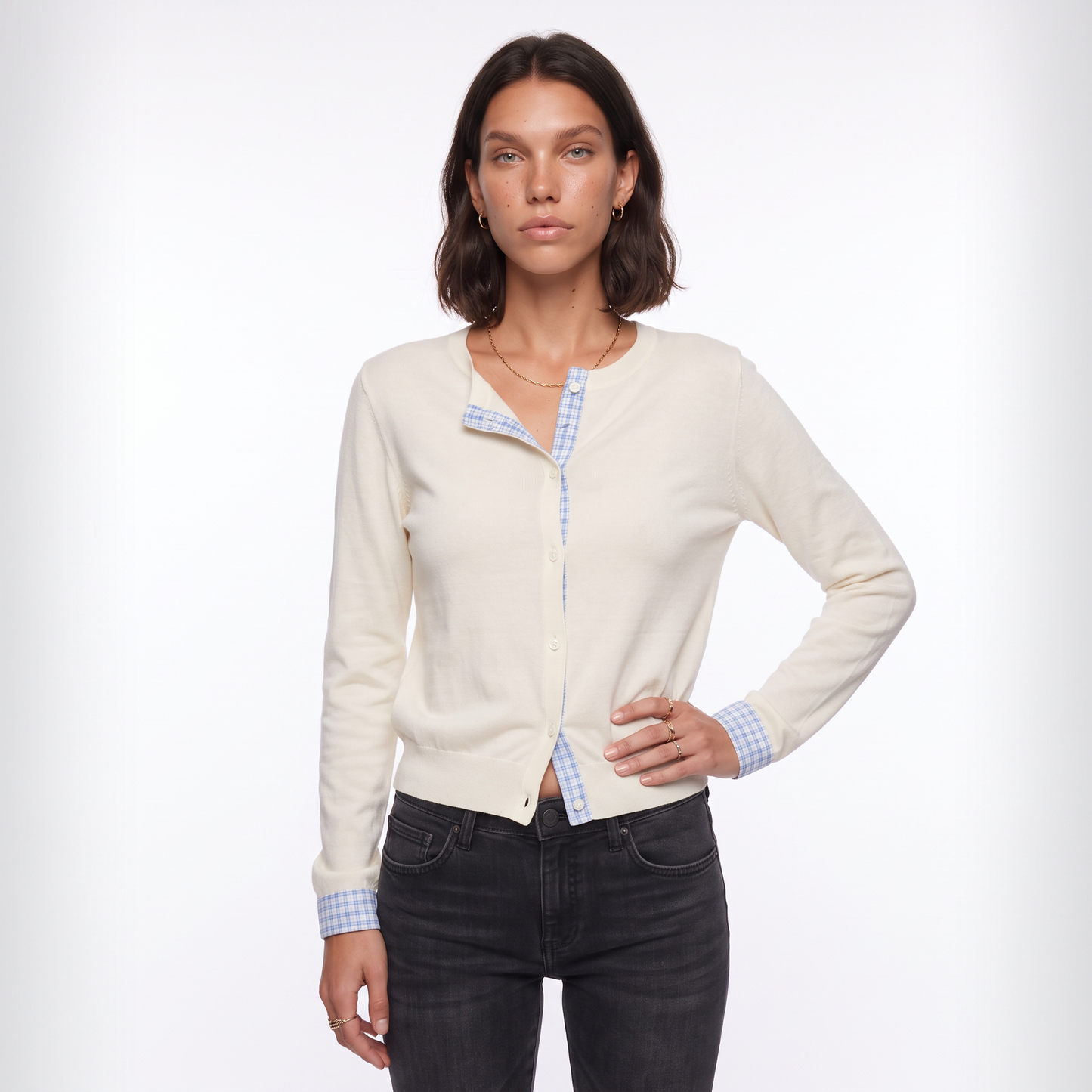 Sunoire vega chang white crew neck blue plaid contrast placket cuff knit cardigan for women fake two piece design small embroidery top front crop 01