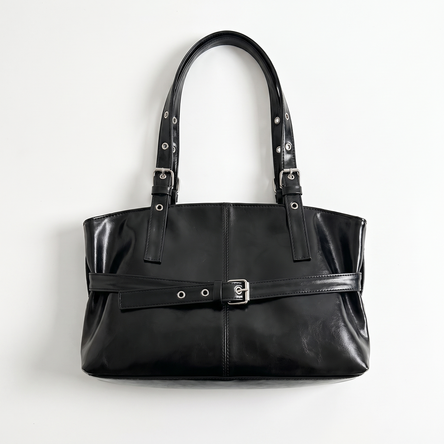 Sunoire vera black belted shoulder bag garment flatlay 01