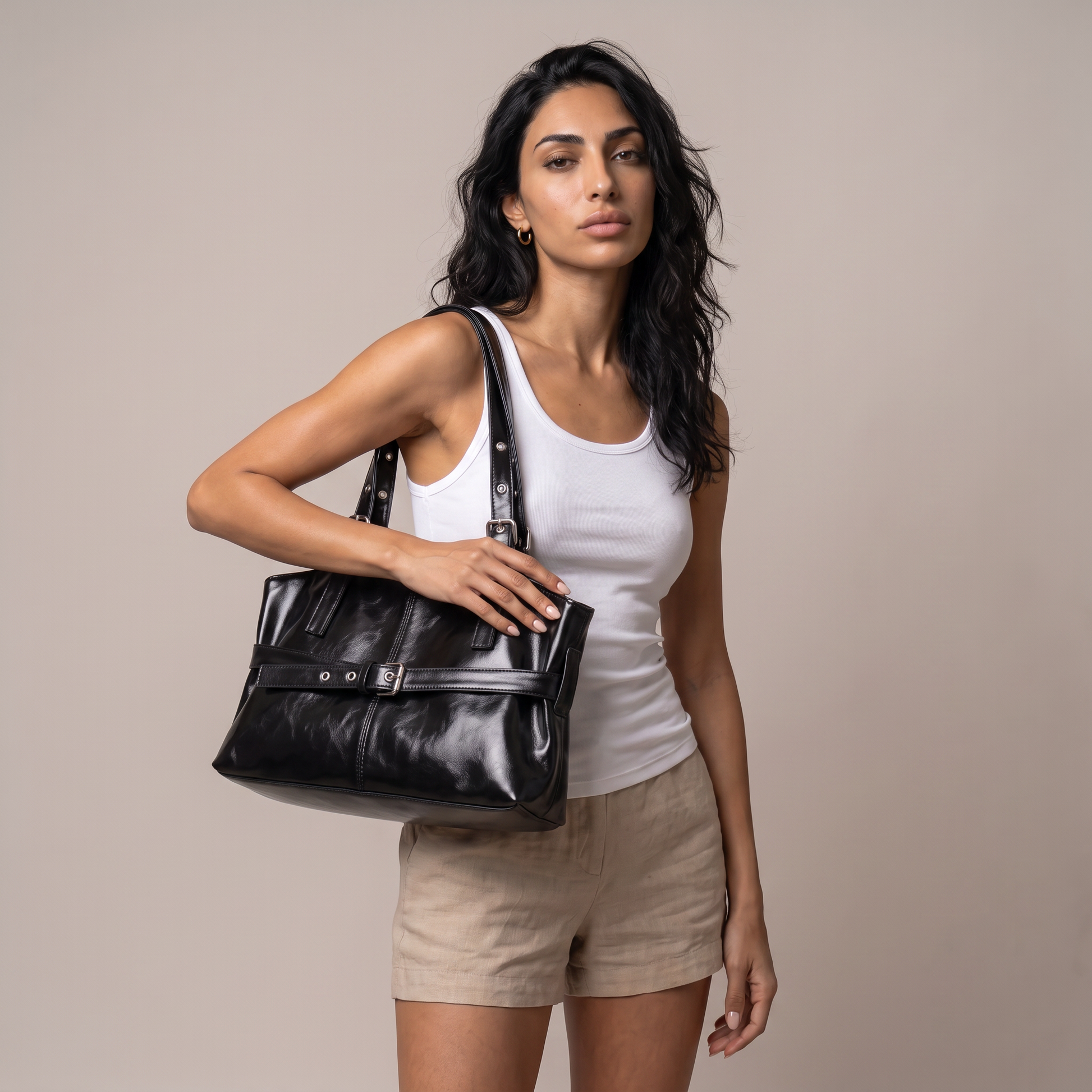 Sunoire vera black belted shoulder bag worn detail 01