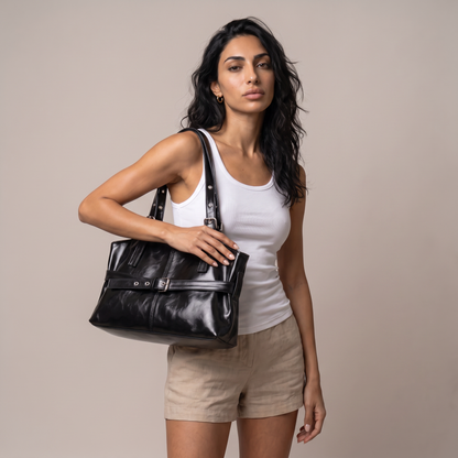 Sunoire vera black belted shoulder bag worn detail 01