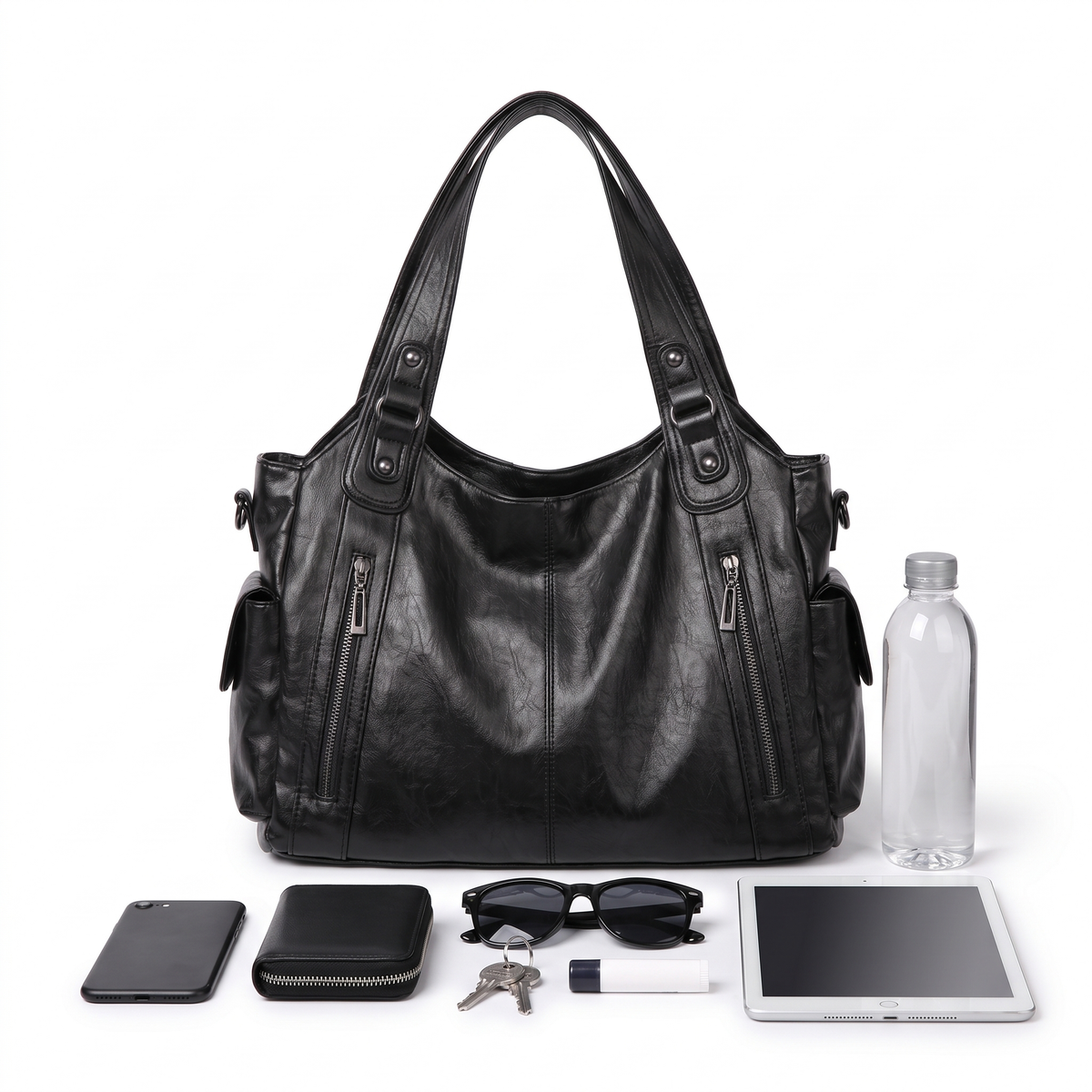 Slouchy Faux Leather Shoulder Bag, what fits inside