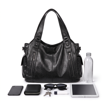 Slouchy Faux Leather Shoulder Bag, what fits inside
