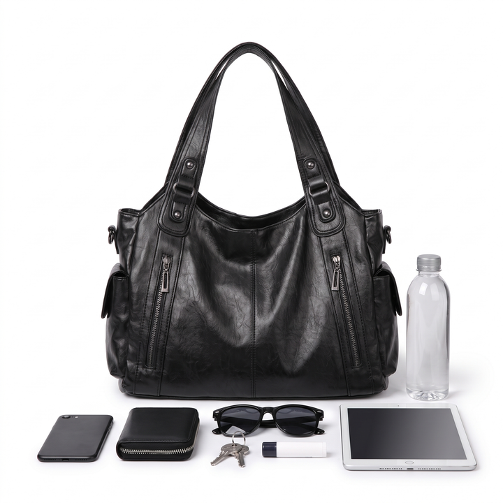 Slouchy Faux Leather Shoulder Bag, what fits inside