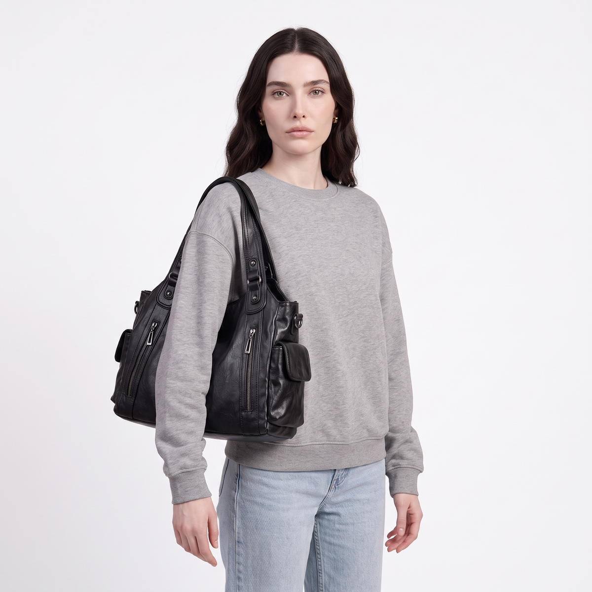 Slouchy Faux Leather Shoulder Bag, worn by a model