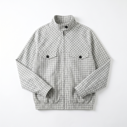 Sunoire vintage british style plaid harrington jacket women stand collar checkered windbreaker retro old money outerwear casual coat garment flatlay 01
