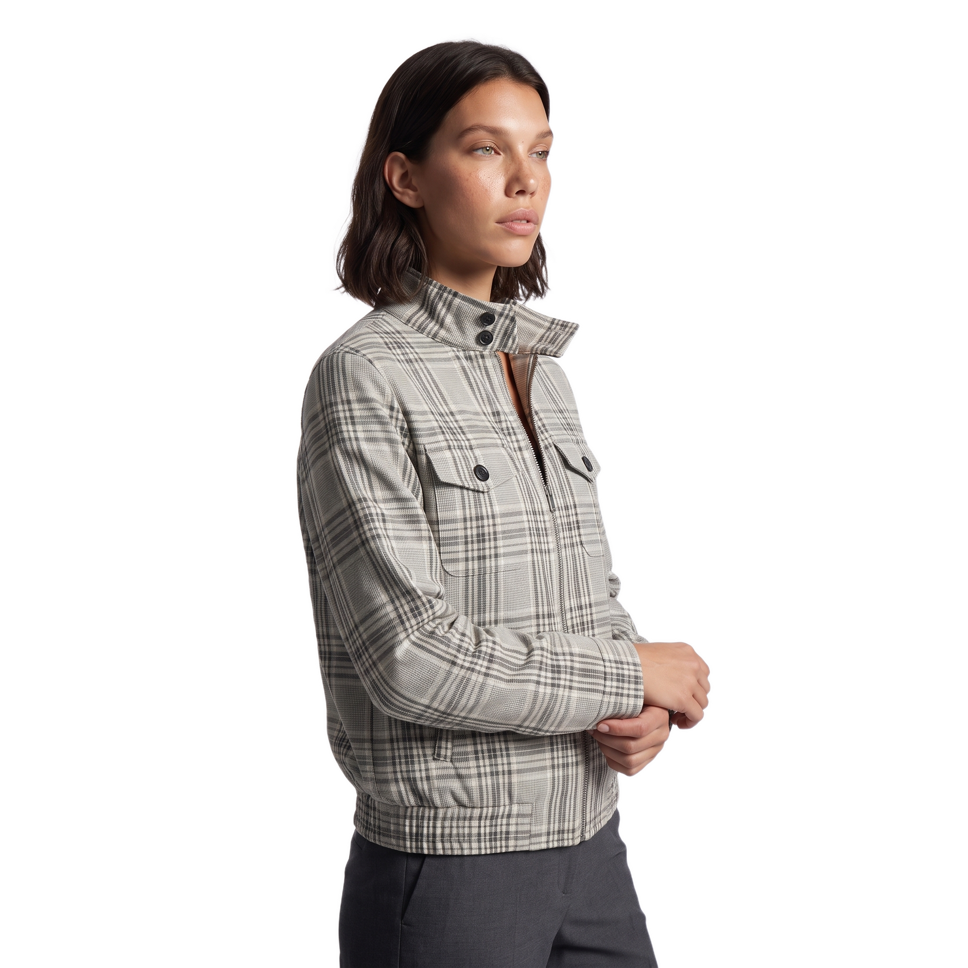 Sunoire vintage british style plaid harrington jacket women stand collar checkered windbreaker retro old money outerwear casual coat top crop 3q 01