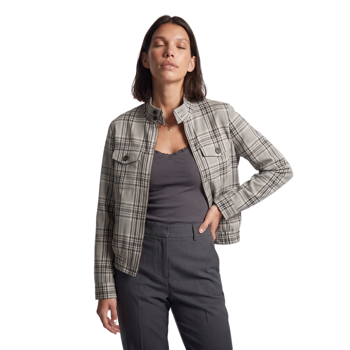 Sunoire vintage british style plaid harrington jacket women stand collar checkered windbreaker retro old money outerwear casual coat top front crop 01