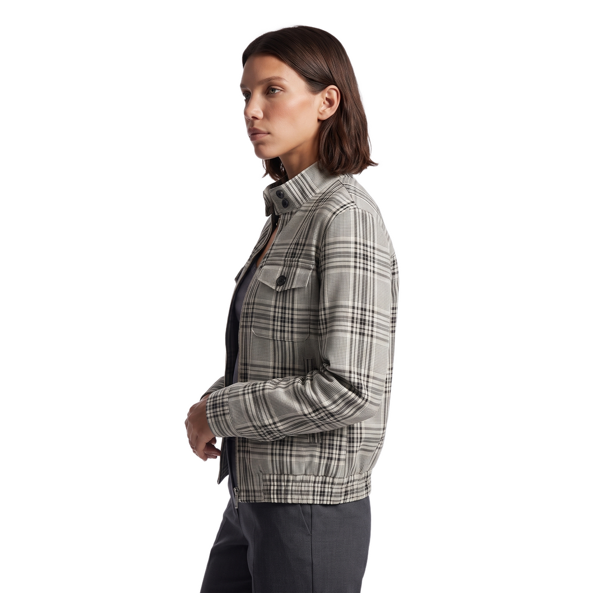 Sunoire vintage british style plaid harrington jacket women stand collar checkered windbreaker retro old money outerwear casual coat top side crop 01