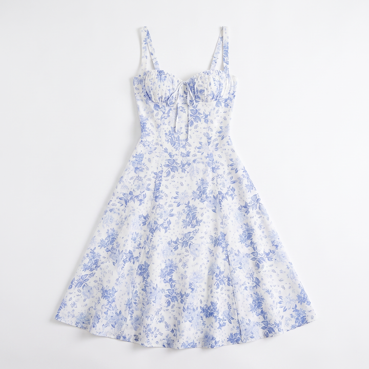 Sunoire vintage corset midi sundress women s natural waist sleeveless halter neck floral fit flare silhouette casual summer dress garment flatlay 01