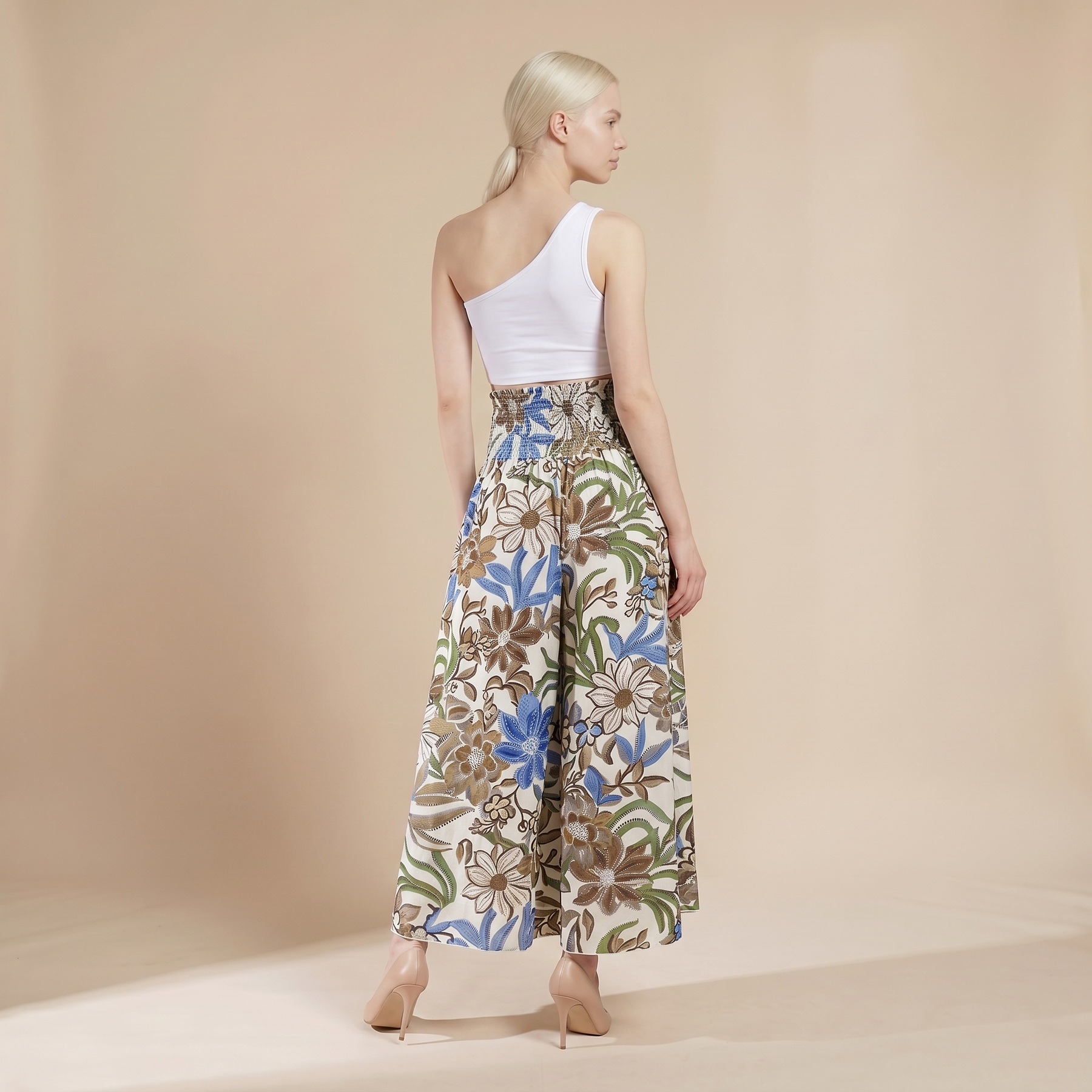 Sunoire vintage floral print high waist shirred elastic waist wide leg pants bottom back crop 01