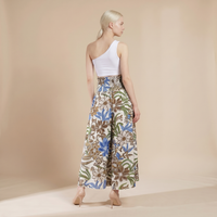Sunoire vintage floral print high waist shirred elastic waist wide leg pants bottom back crop 01