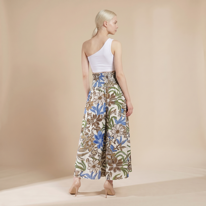 Sunoire vintage floral print high waist shirred elastic waist wide leg pants bottom back crop 01