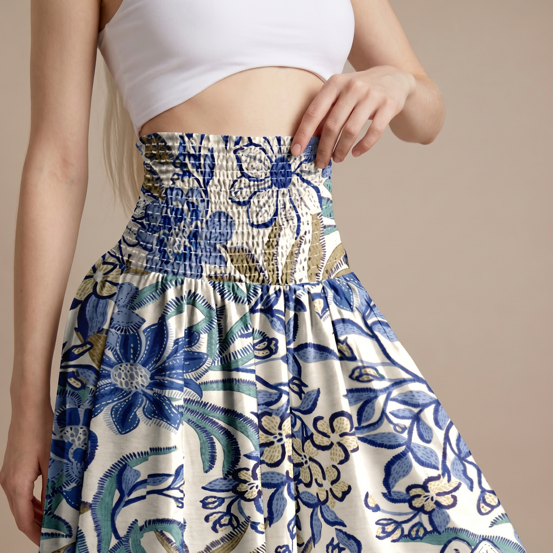 Sunoire vintage floral print high waist shirred elastic waist wide leg pants bottom detail 01