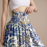 Sunoire vintage floral print high waist shirred elastic waist wide leg pants bottom detail 01