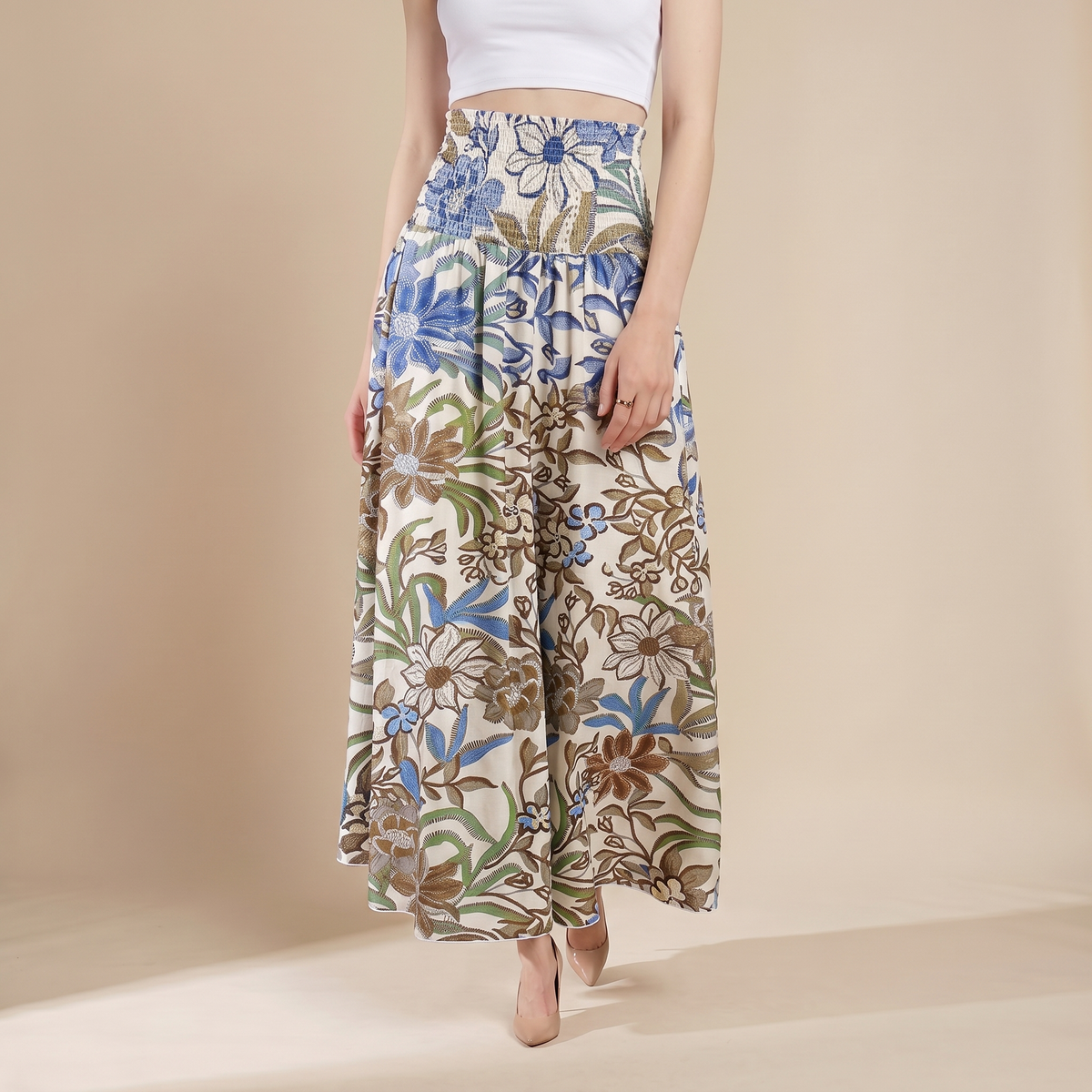 Sunoire vintage floral print high waist shirred elastic waist wide leg pants bottom front crop 01